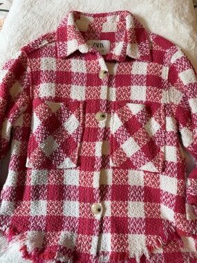 Zara Pink and White Checked Bouclé Shacket